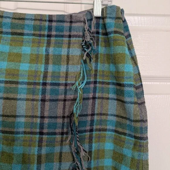 J Jill Plaid Fringe Skirt Womens Petite Size 12 Green Wool Blend Lined Faux Wrap - Picture 2 of 10